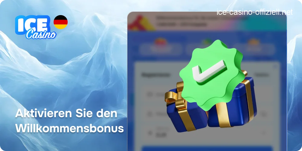 Bildschirm zur erfolgreichen Aktivierung des Willkommensbonus im neu erstellten Spielerkonto.