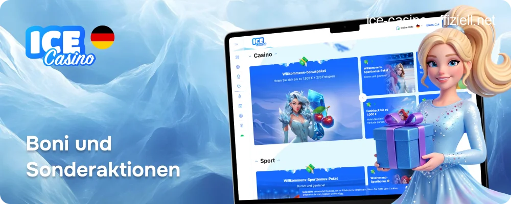 Grafik, die die verschiedenen Bonusangebote von Ice Casino zeigt, einschließlich Willkommenspaket, Cashback und Reload-Boni.