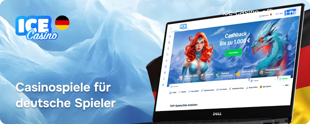 Eine farbenfrohe Collage der verfügbaren Casino-Spiele bei Ice Casino, darunter Spielautomaten, Tischspiele und Live-Dealer.