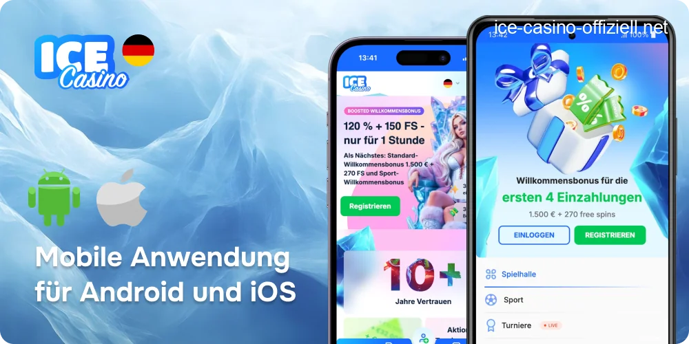 Mobiltelefon, das die Ice Casino-App anzeigt, mit Fokus auf die exklusive "Shake-to-Win"-Funktion.