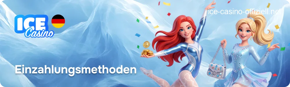 Kassenbereich von Ice Casino mit den verfügbaren Einzahlungsmethoden wie Visa, Mastercard, Skrill und Krypto.