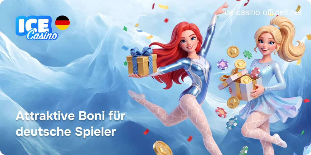 Banner mit einer Übersicht der Ice Casino-Boni, einschließlich Willkommenspaket, Cashback und VIP-Prämien für deutsche Spieler.