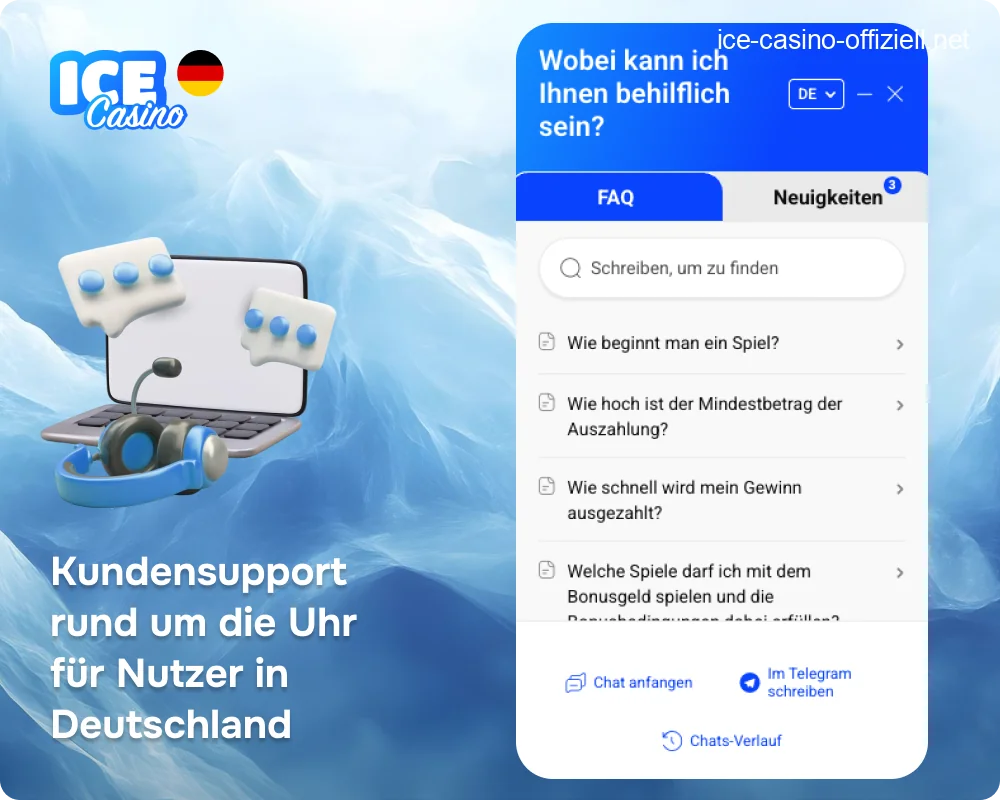 Kundenservice-Grafik mit Icons für den 24/7 Live-Chat und den E-Mail-Support von Ice Casino.