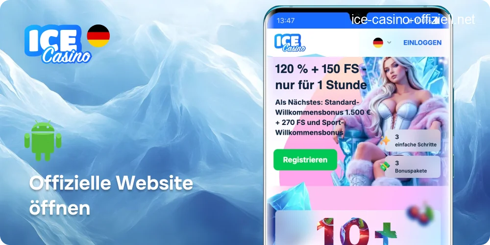 Mobiles Browsermenü der Ice Casino Website mit hervorgehobenem Link zum Herunterladen der App.