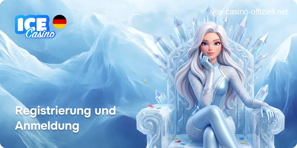Banner, das den Registrierungs- und Anmeldeprozess bei Ice Casino für Spieler in Deutschland zeigt, inklusive des 1.500 € Willkommensbonus.