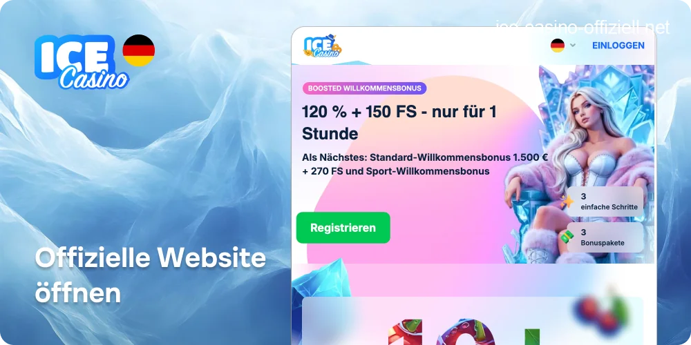 Startseite der Ice Casino Website oder App mit der hervorgehobenen Schaltfläche "Registrieren".
