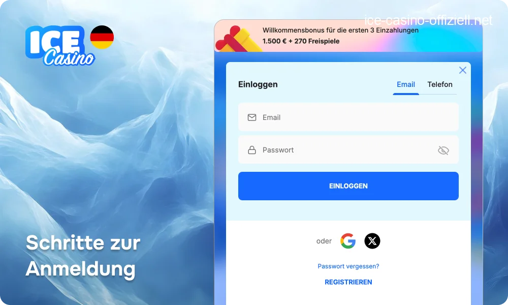 Benutzeroberfläche des Ice Casino Login-Bildschirms auf einem Monitor.