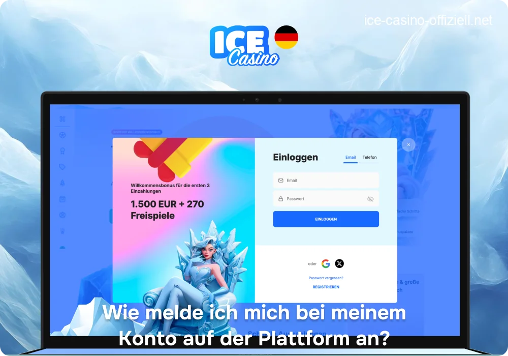 Login-Bildschirm von Ice Casino auf Desktop und mobilen Geräten.