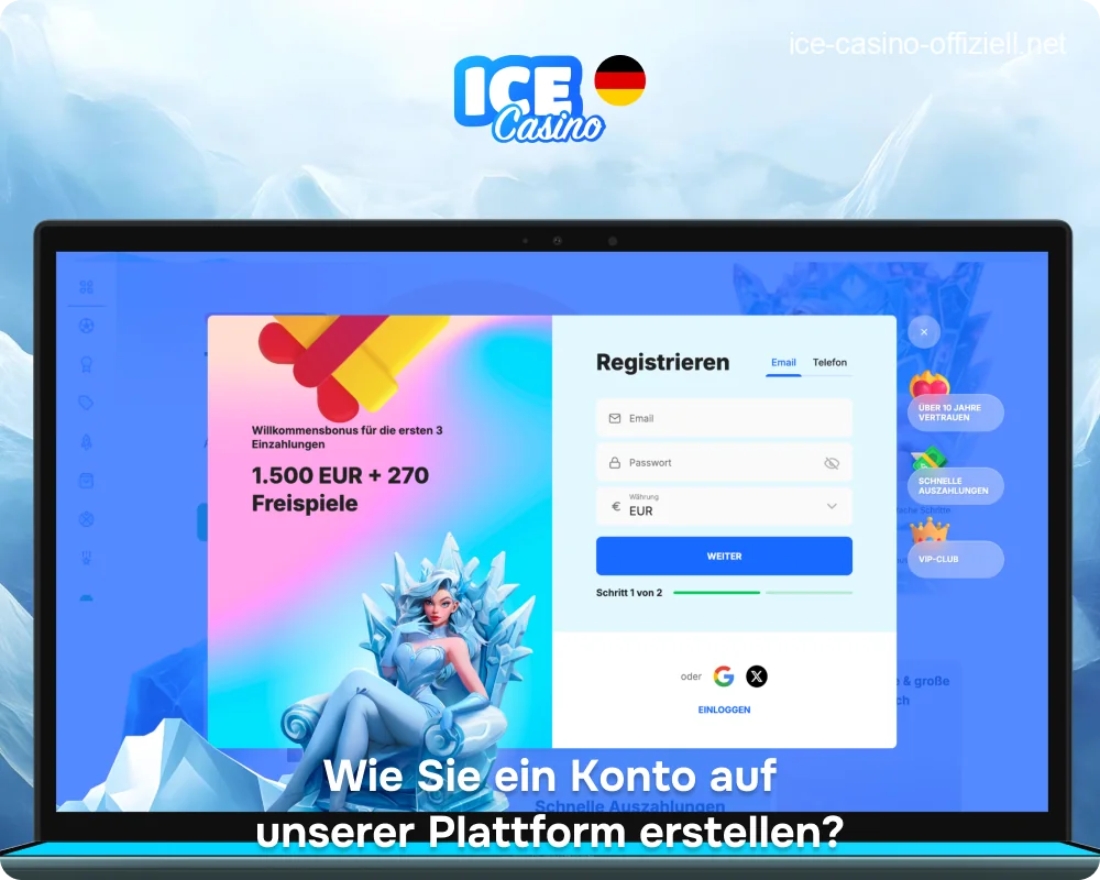 Schritt-für-Schritt-Anleitung auf dem Bildschirm, wie man das Registrierungsformular bei Ice Casino ausfüllt.