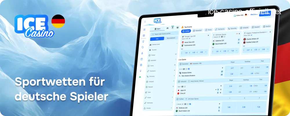 Sportwetten-Bereich von Ice Casino, der Live-Quoten für Fußball, Tennis und Eishockey zeigt.