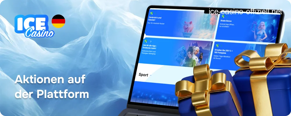 Übersichtsbild der regelmäßigen Ice Casino-Aktionen wie Reload-Boni und Cashback für Bestandskunden.
