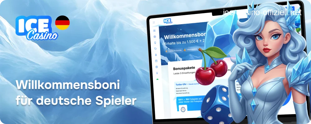 Grafik, die die zwei separaten Willkommenspakete von Ice Casino für Casino-Spieler und Sportwetter nebeneinander zeigt.